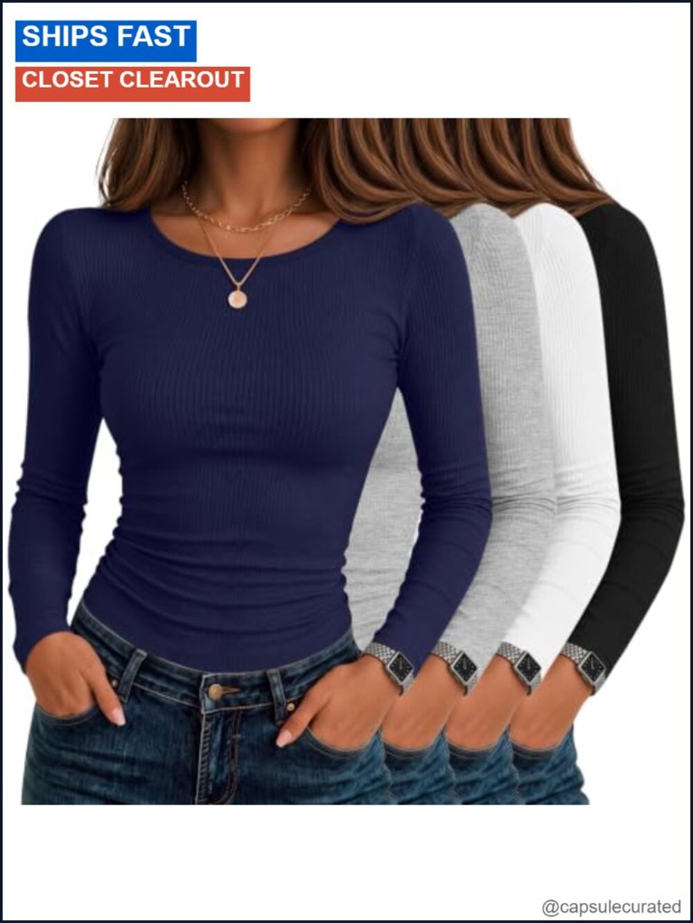 Womens Long Sleeve Ribbed Shirts Slim Fit Crew Neck Cotton 4 Pack